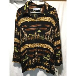 BFA Classics Women's 2X Safari‎ Animal Print Long Sleeve Button Up Shirt Top